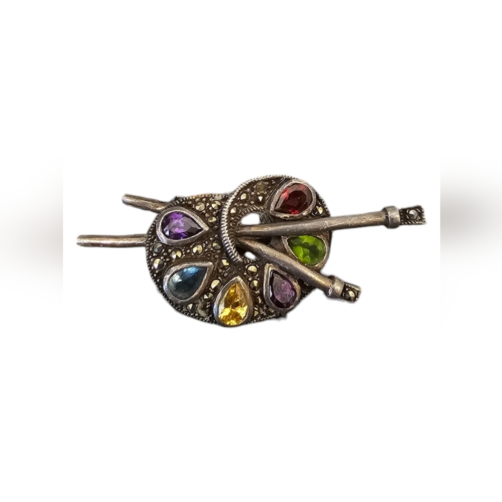 Vintage Sterling Silver, Marcasite, Semi Precious Gemstone Art Easel Pin Brooch